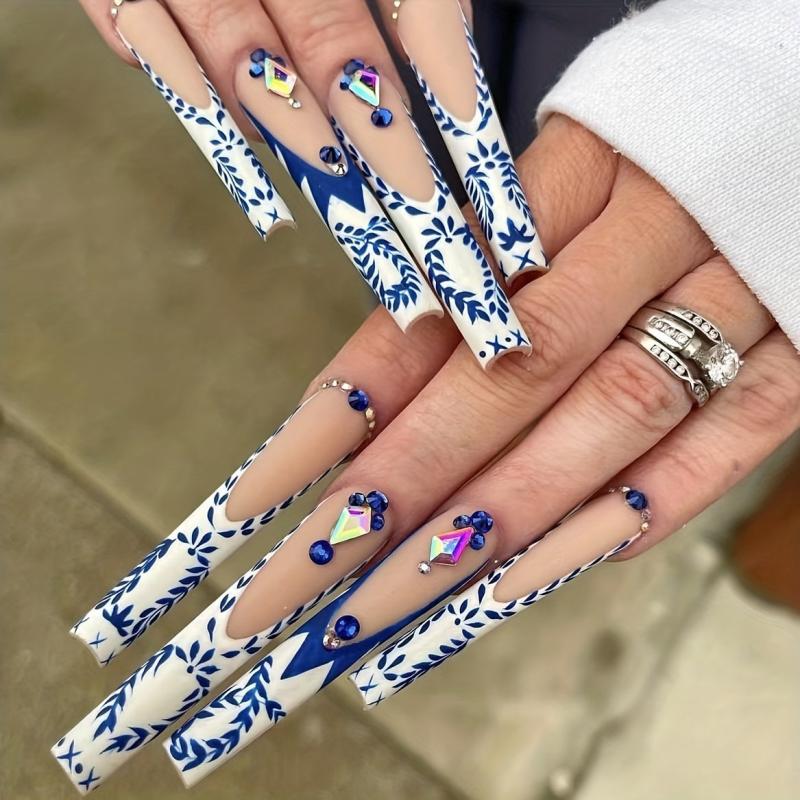 Summer Press On Nails 48 pcs Long Coffin Glue On Nails Set with Adhesive Tabs