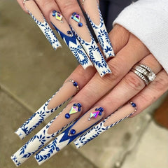 Summer Press On Nails 48 pcs Long Coffin Glue On Nails Set with Adhesive Tabs