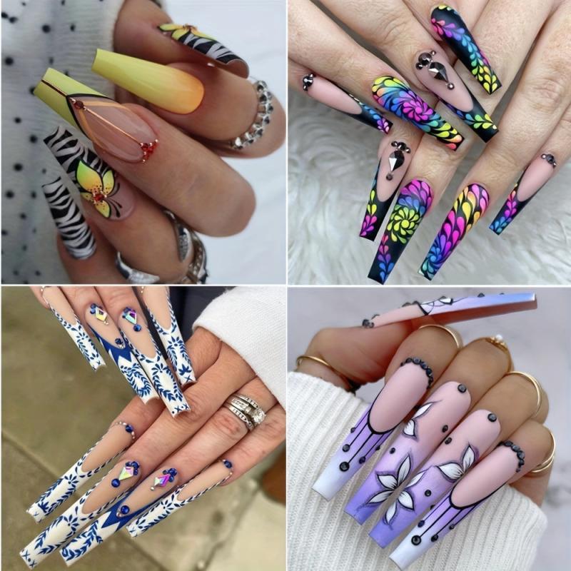Summer Press On Nails 48 pcs Long Coffin Glue On Nails Set with Adhesive Tabs