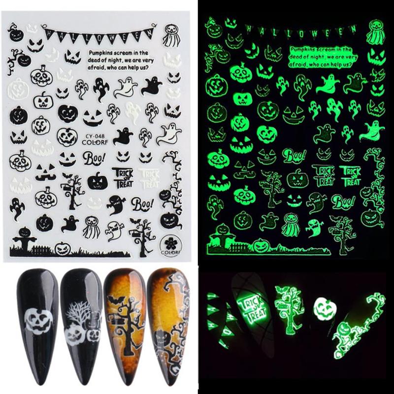 6pcs 3D Luminous Halloween Nail Stickers Self Adhesive Nail Art Decals