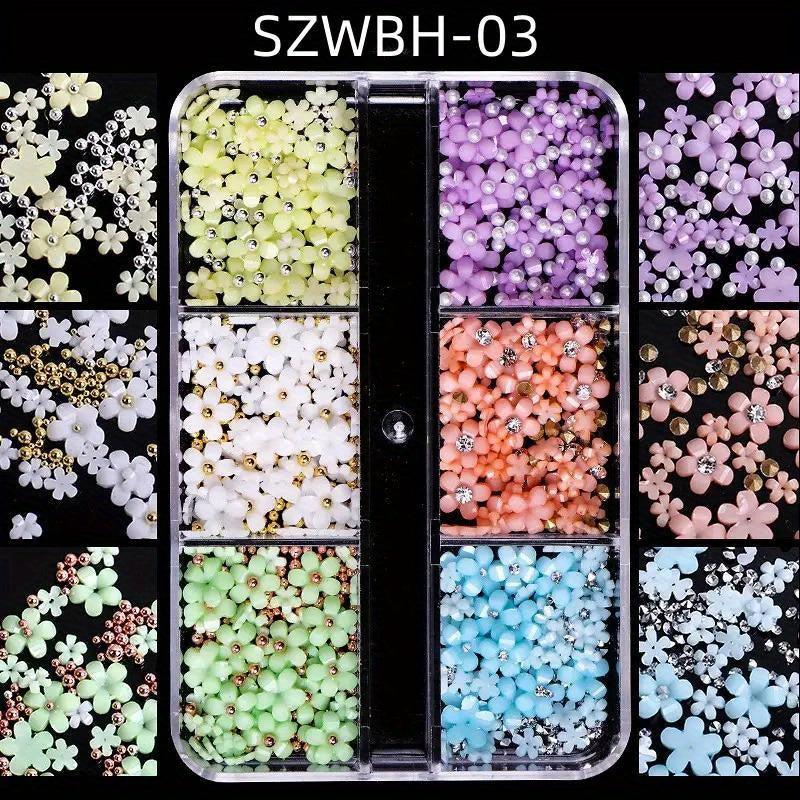 Flower Nail Charms Silver Pearls Cherry Blossoms Nail Rhinestones 6 Grids