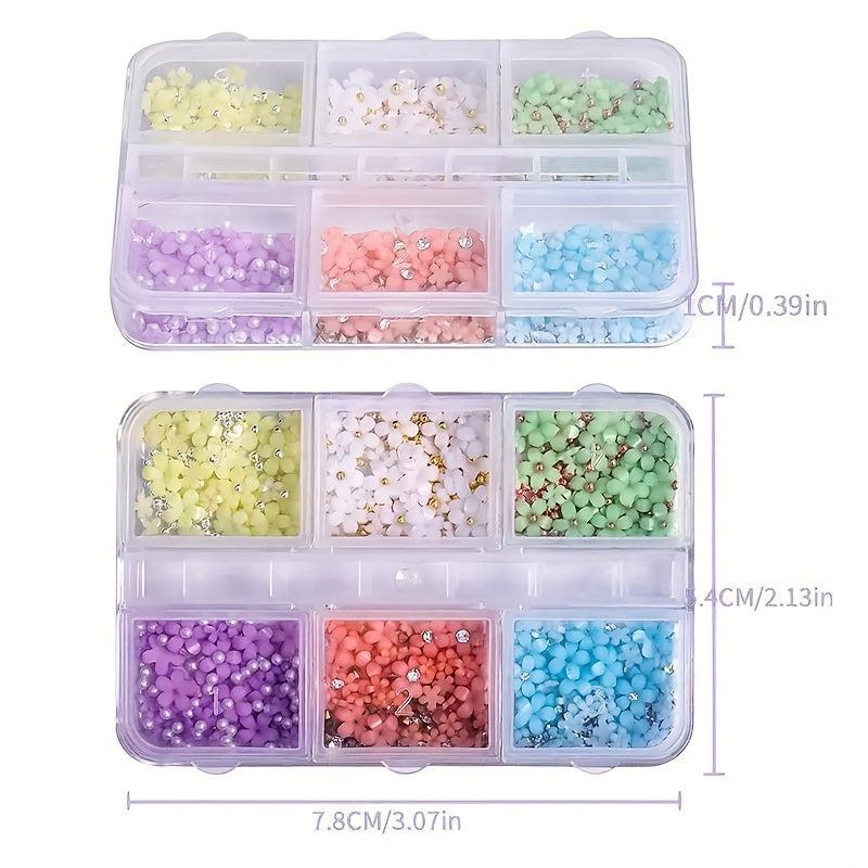 Flower Nail Charms Silver Pearls Cherry Blossoms Nail Rhinestones 6 Grids