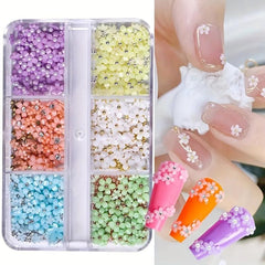 Flower Nail Charms Silver Pearls Cherry Blossoms Nail Rhinestones 6 Grids