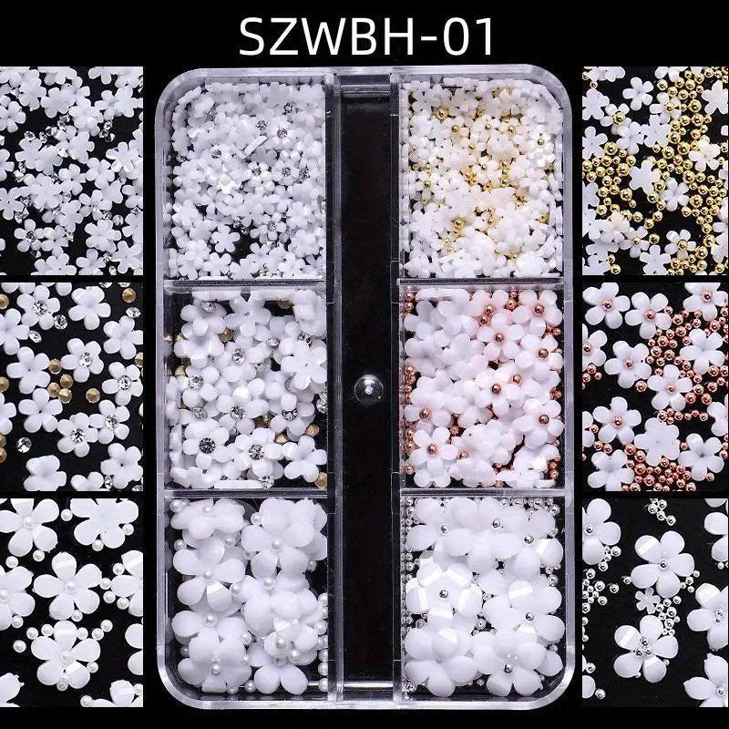 Flower Nail Charms Silver Pearls Cherry Blossoms Nail Rhinestones 6 Grids