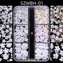 Flower Nail Charms Silver Pearls Cherry Blossoms Nail Rhinestones 6 Grids