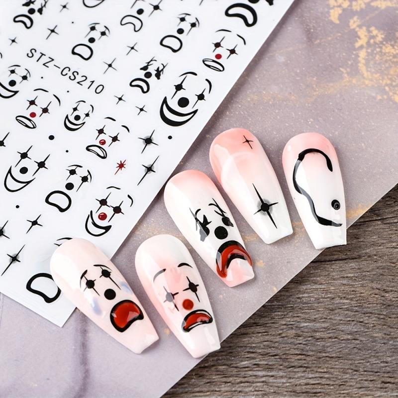 Clown Nail Stickers 3D Self Adhesive Ghost Face Scary Funny Halloween Nail Art