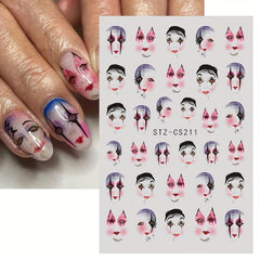 Clown Nail Stickers 3D Self Adhesive Ghost Face Scary Funny Halloween Nail Art