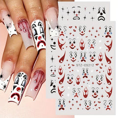 Clown Nail Stickers 3D Self Adhesive Ghost Face Scary Funny Halloween Nail Art