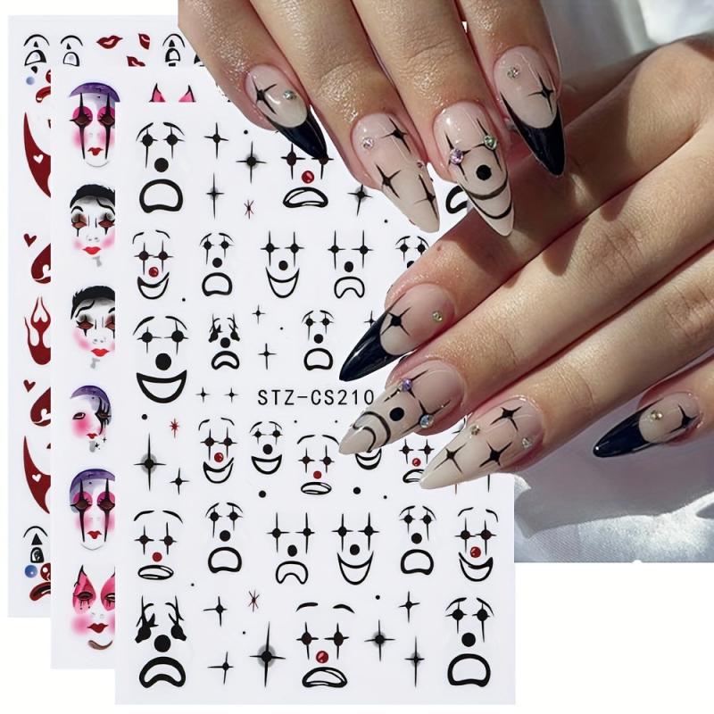 Clown Nail Stickers 3D Self Adhesive Ghost Face Scary Funny Halloween Nail Art