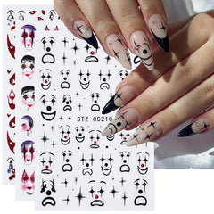 Clown Nail Stickers 3D Self Adhesive Ghost Face Scary Funny Halloween Nail Art