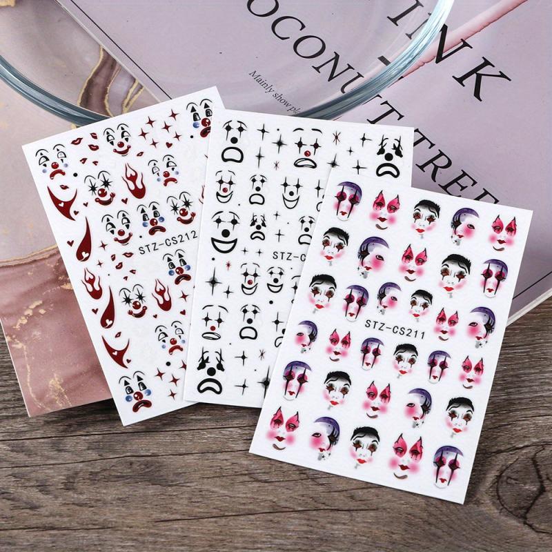 Clown Nail Stickers 3D Self Adhesive Ghost Face Scary Funny Halloween Nail Art