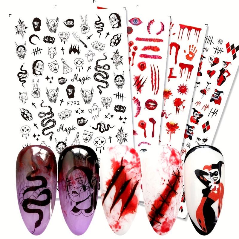 4pcs Halloween Nail Art Stickers Scar Skull Ghost Clown Nail Decals