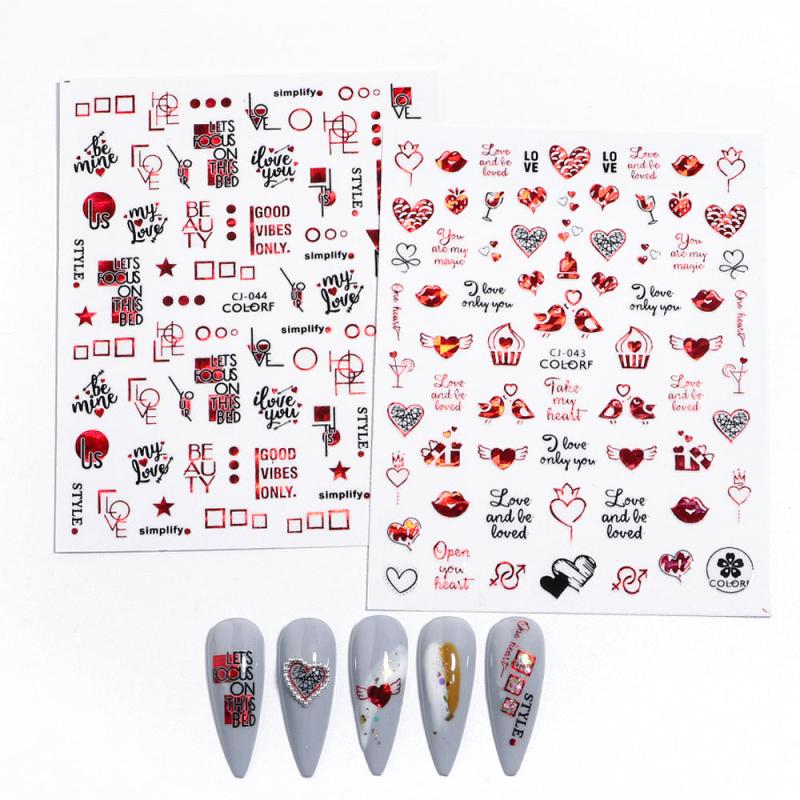 3D Heart Nail Sticker with Red Rose Lettering