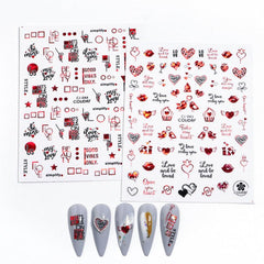 3D Heart Nail Sticker with Red Rose Lettering