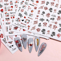 3D Heart Nail Sticker with Red Rose Lettering