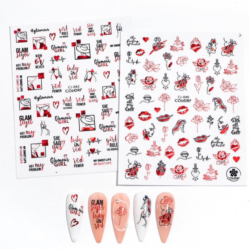 3D Heart Nail Sticker with Red Rose Lettering