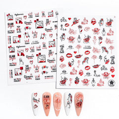 3D Heart Nail Sticker with Red Rose Lettering