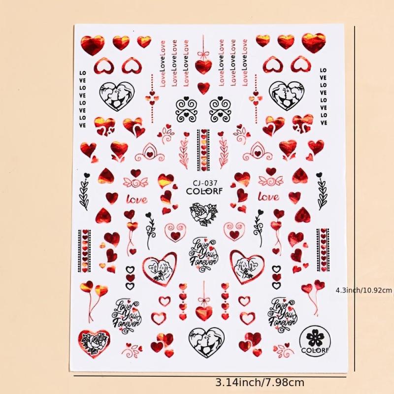 3D Heart Nail Sticker with Red Rose Lettering