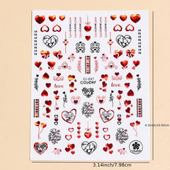 3D Heart Nail Sticker with Red Rose Lettering