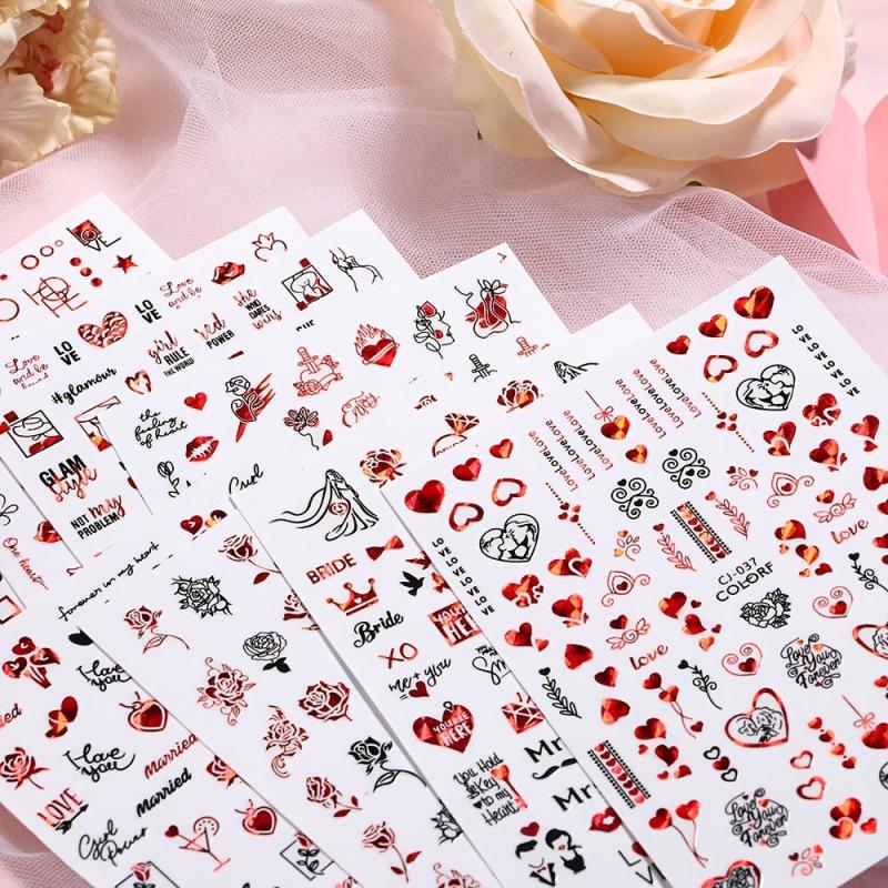 3D Heart Nail Sticker with Red Rose Lettering