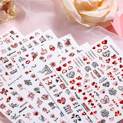 3D Heart Nail Sticker with Red Rose Lettering