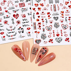 3D Heart Nail Sticker with Red Rose Lettering