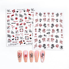 3D Heart Nail Sticker with Red Rose Lettering