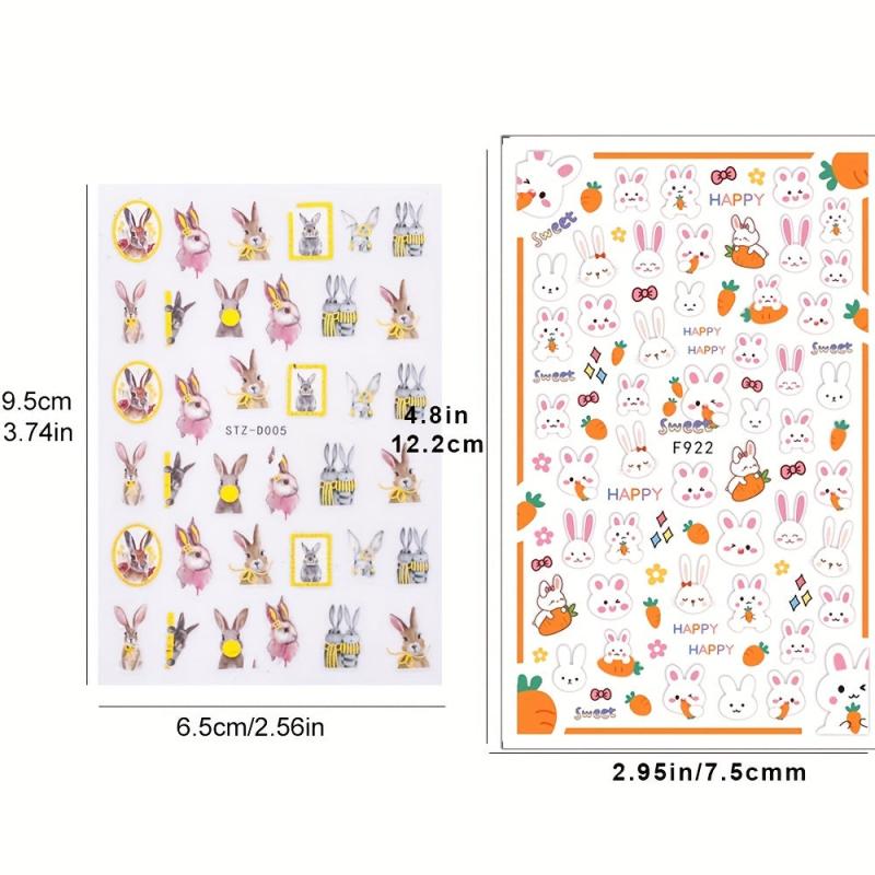 3D Bunny Nail Stickers Cartoon Rabbit Sliders Happy Easter Flower Stickers