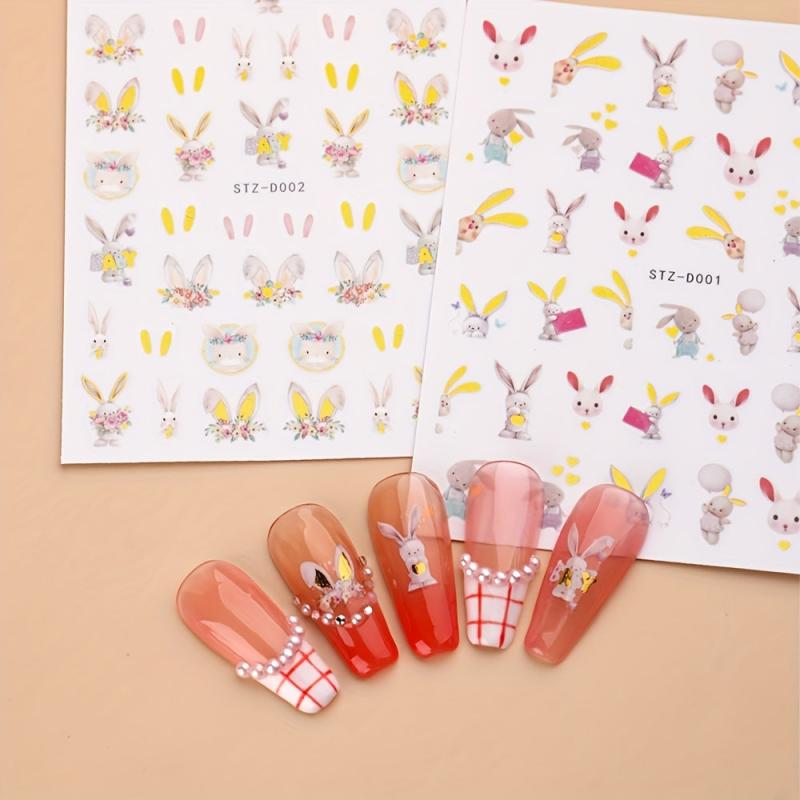 3D Bunny Nail Stickers Cartoon Rabbit Sliders Happy Easter Flower Stickers