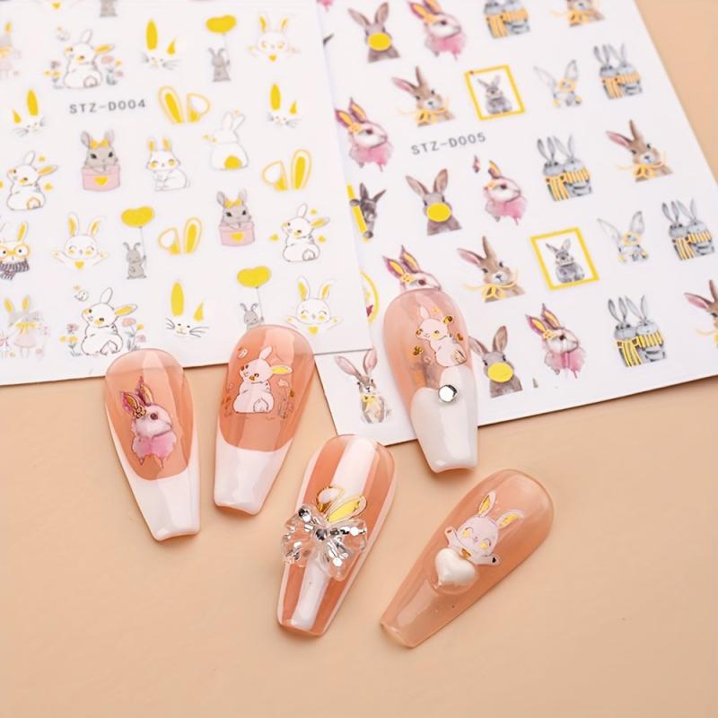 3D Bunny Nail Stickers Cartoon Rabbit Sliders Happy Easter Flower Stickers