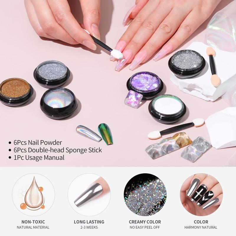 6 Boxes Aurora Holographic Nail Art Powder Mermaid Pearl Reflective Glitter