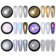 6 Boxes Aurora Holographic Nail Art Powder Mermaid Pearl Reflective Glitter