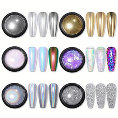 6 Boxes Aurora Holographic Nail Art Powder Mermaid Pearl Reflective Glitter