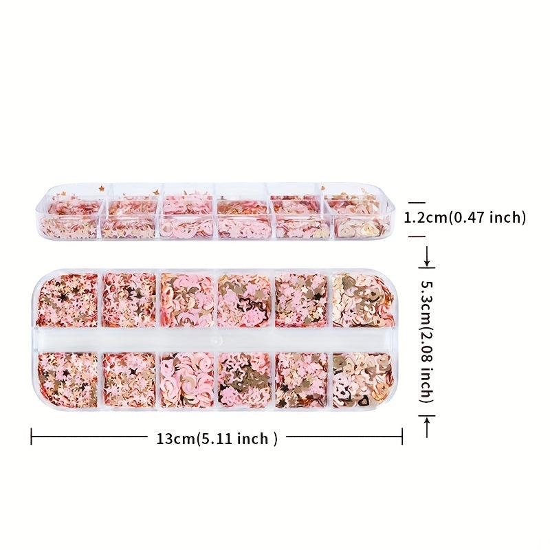 12 Grids Golden Pink Nail Glitter Flakes - Nail Sequin Flower Charm Nail Art