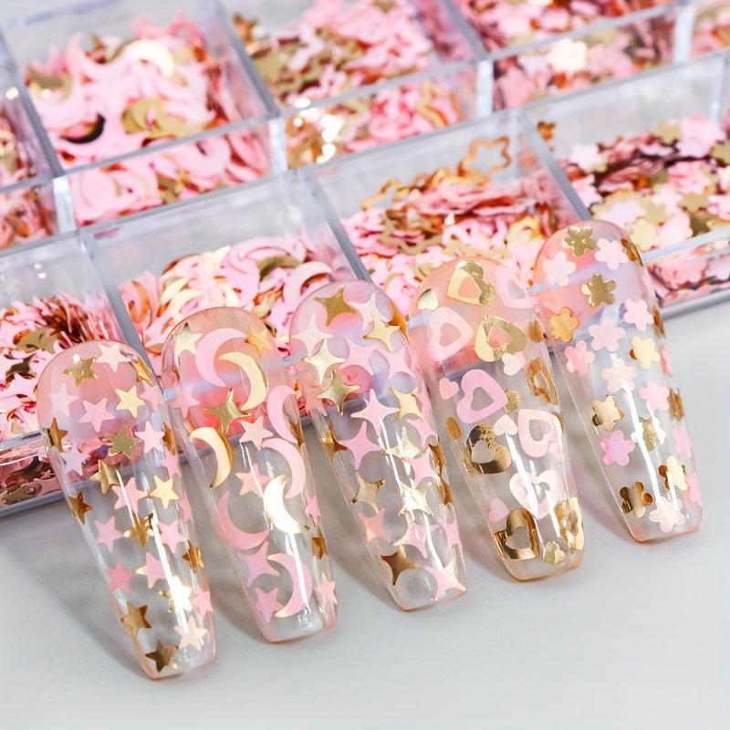 12 Grids Golden Pink Nail Glitter Flakes - Nail Sequin Flower Charm Nail Art