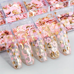 12 Grids Golden Pink Nail Glitter Flakes - Nail Sequin Flower Charm Nail Art