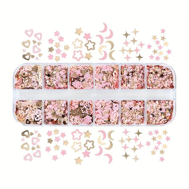 12 Grids Golden Pink Nail Glitter Flakes - Nail Sequin Flower Charm Nail Art