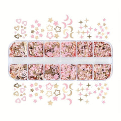 12 Grids Golden Pink Nail Glitter Flakes - Nail Sequin Flower Charm Nail Art