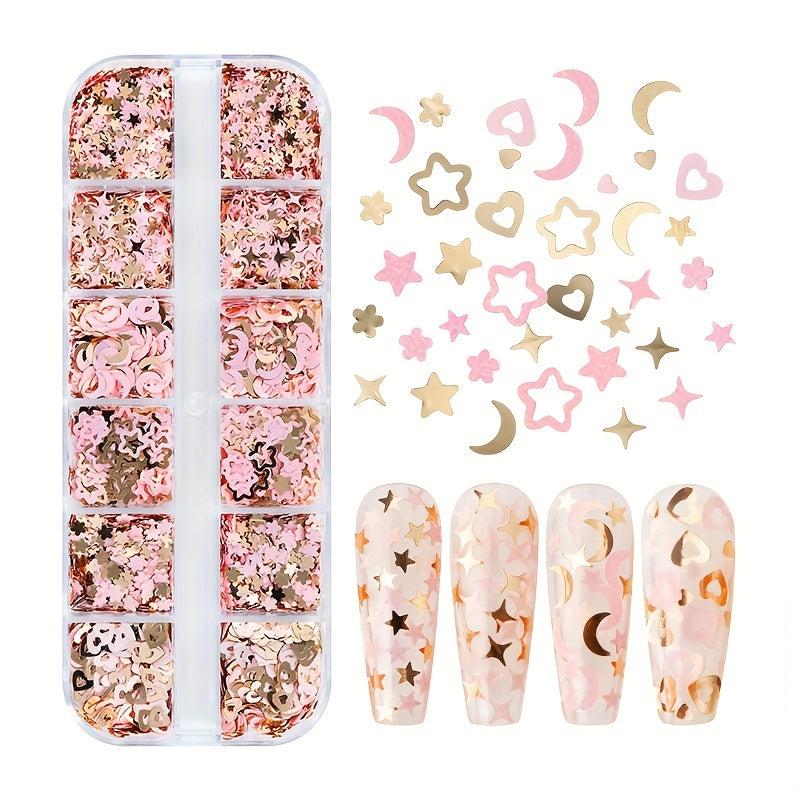 12 Grids Golden Pink Nail Glitter Flakes - Nail Sequin Flower Charm Nail Art