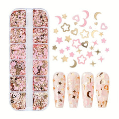12 Grids Golden Pink Nail Glitter Flakes - Nail Sequin Flower Charm Nail Art
