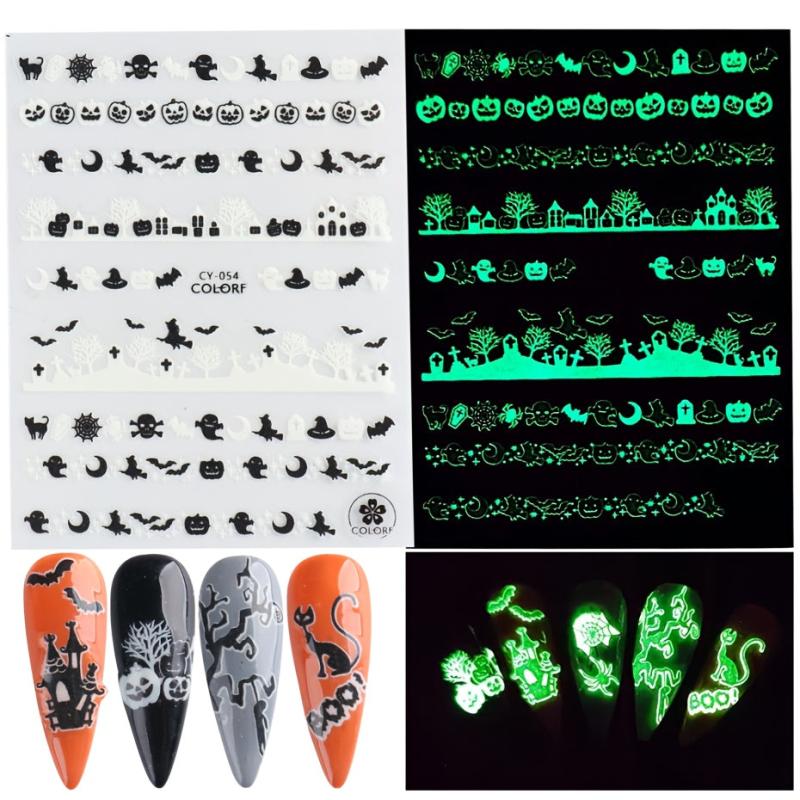 3D Luminous Halloween Nail Stickers Self Adhesive Nail Art Decals - Skull Ghost