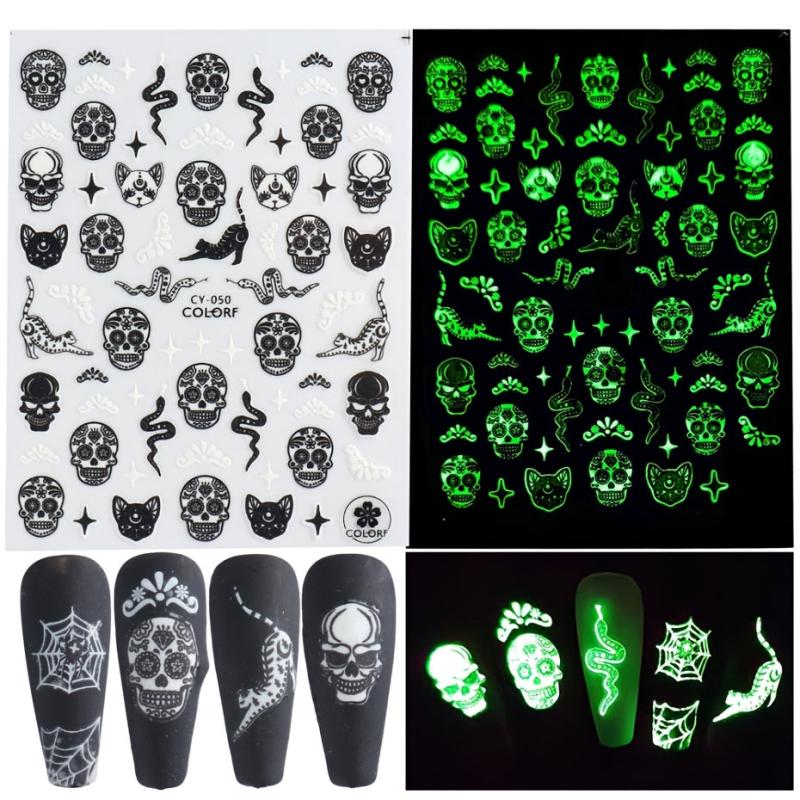 3D Luminous Halloween Nail Stickers Self Adhesive Nail Art Decals - Skull Ghost