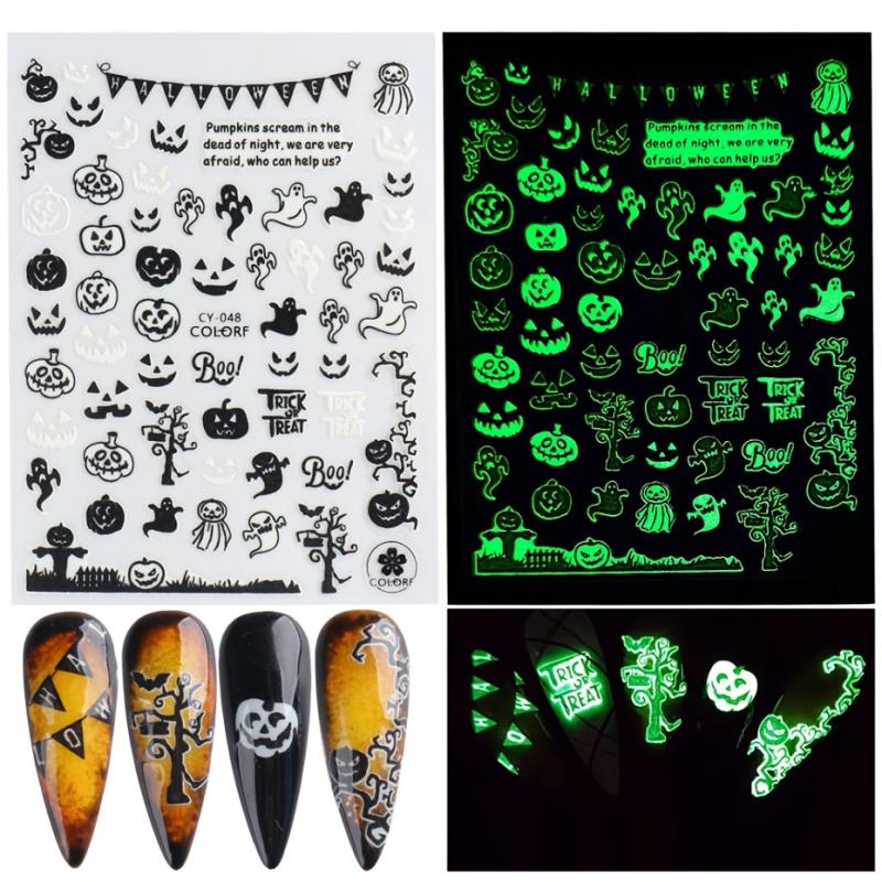 3D Luminous Halloween Nail Stickers Self Adhesive Nail Art Decals - Skull Ghost