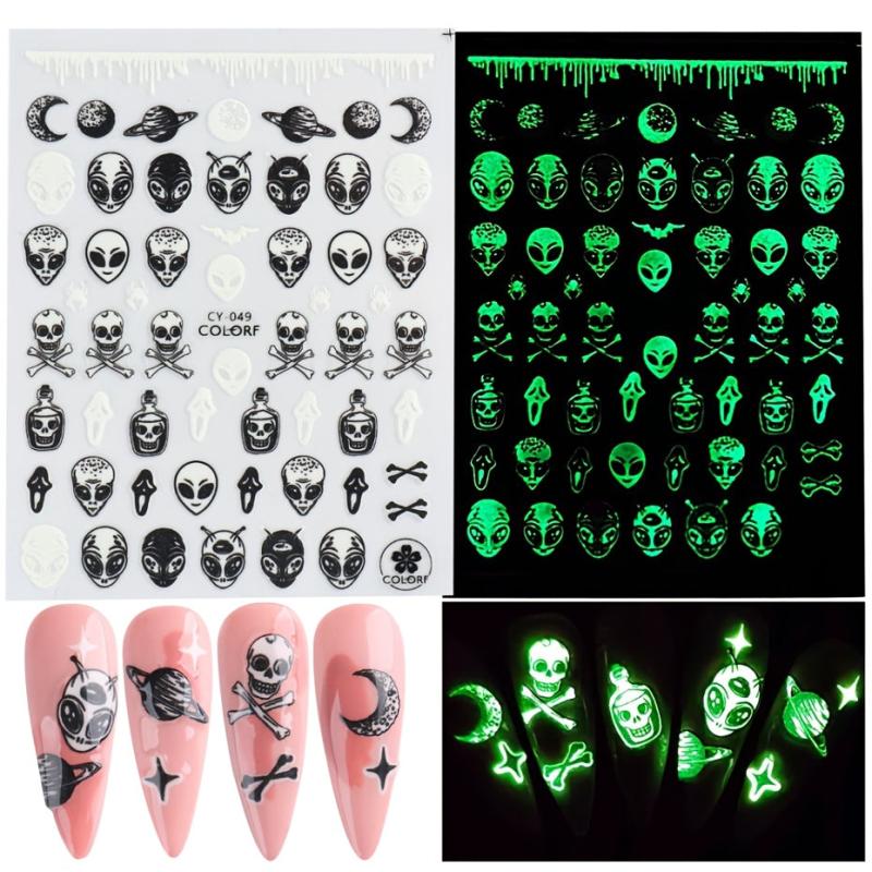 3D Luminous Halloween Nail Stickers Self Adhesive Nail Art Decals - Skull Ghost