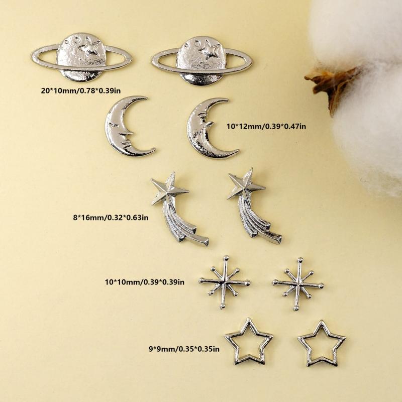 10pcs 3D Moon Star Planet Nail Charms Alloy Decoration Sliver