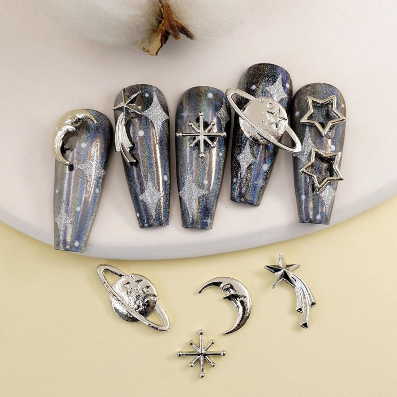 10pcs 3D Moon Star Planet Nail Charms Alloy Decoration Sliver