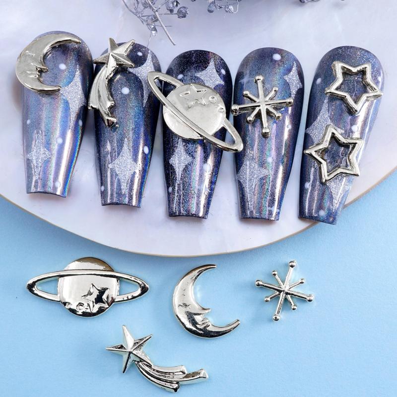10pcs 3D Moon Star Planet Nail Charms Alloy Decoration Sliver