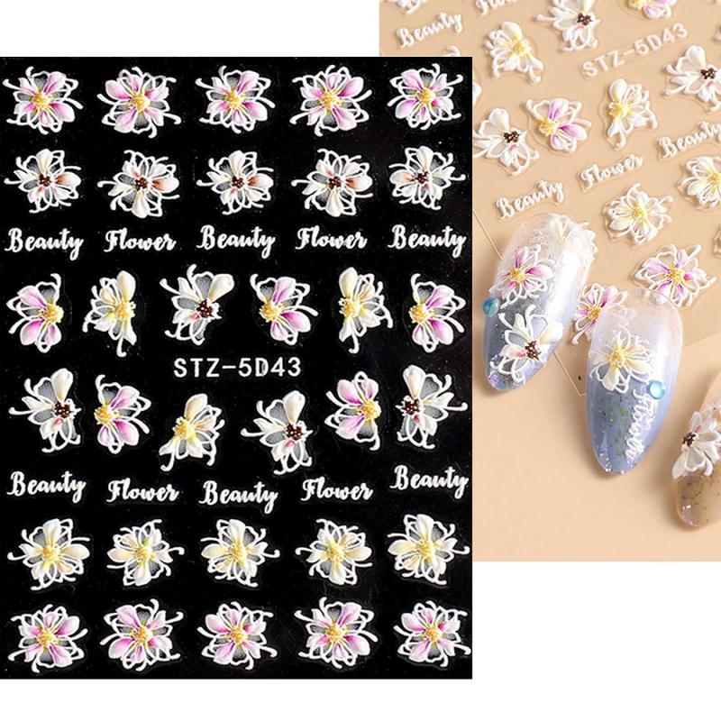4 PCS 3D Embossed Spring Flower Nail Art Stickers Decals Self Adhesive