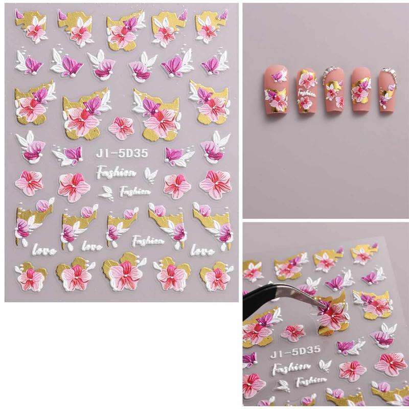 4 PCS 3D Embossed Spring Flower Nail Art Stickers Decals Self Adhesive