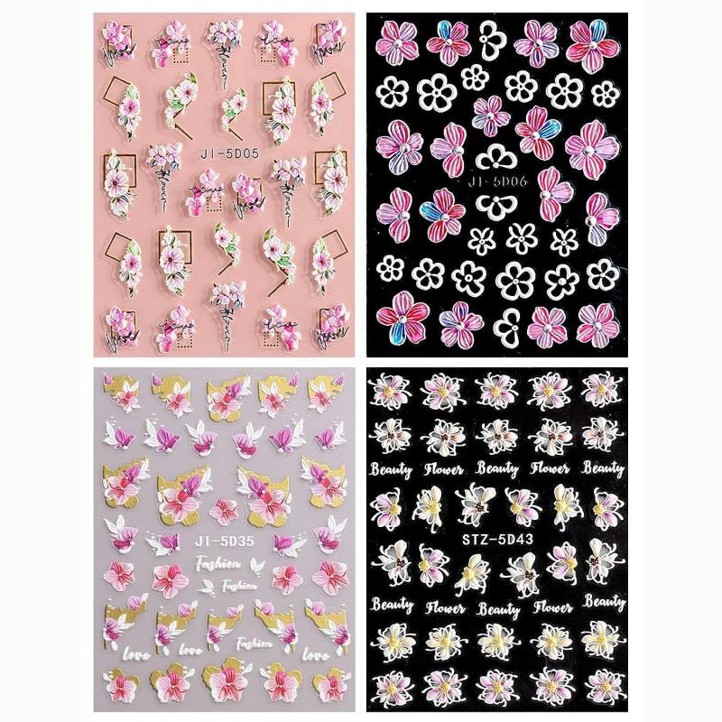 4 PCS 3D Embossed Spring Flower Nail Art Stickers Decals Self Adhesive